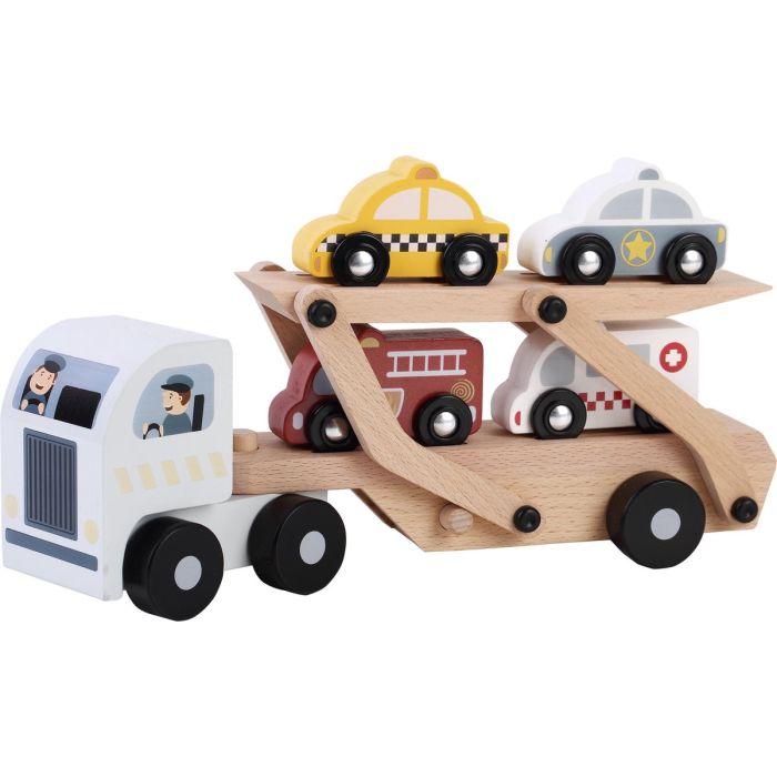 €15,89 Houten vrachtwagen / autotransporter met 4 auto's brandweer politie ambulance taxi hout