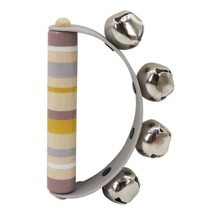 Houten rammelaar/bellenhandvat okergeel/blauw