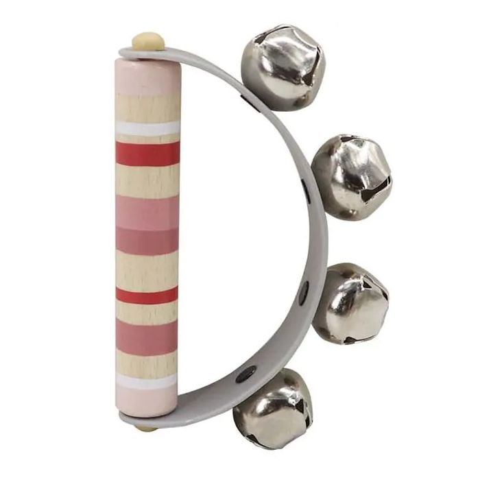 Houten rammelaar/bellenhandvat roze/paars Houten rammelaar/bellenhandvat roze/paars
