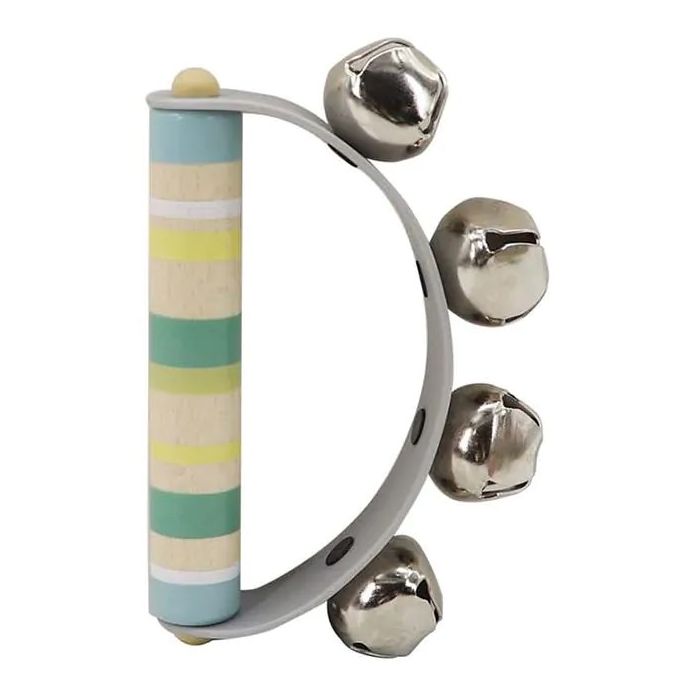 Houten baby rammelaar/bellenhandvat groen/blauw Houten baby rammelaar/bellenhandvat groen/blauw