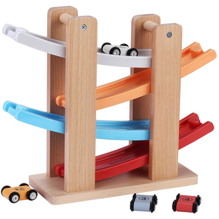 €19.99 Houten auto racebaan inclusief 4 auto's