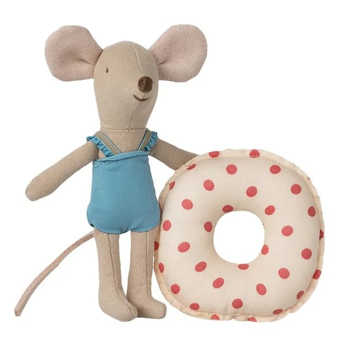 Maileg kleine zus muis met zwemband 10cm (Beach Mouse with Float Little Sister Red Dot)
