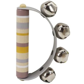 Houten rammelaar/bellenhandvat okergeel/blauw