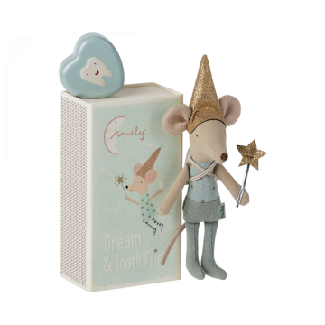 Maileg Muis grote broer - tandenfee met tandendoos 12cm (Tooth fairy mouse in matchbox Blue)