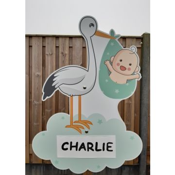 Geboortebord Ooievaar met baby mintgroen