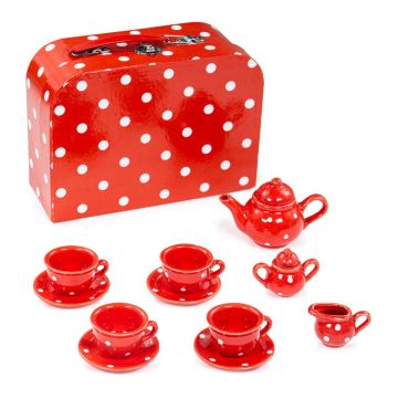 18.89 Bigjigs Servies porselein in koffer aardewerk serviesje rood witte stippen polka dot
