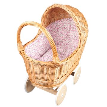 Rieten poppenwagen met bloemetjesmotief, poppenwagen van riet