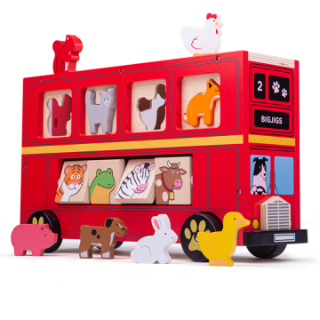  Bigjigs houten rode dieren bus hout vormenstoof sorteer sorteerspel sorteerbus Wooden Red bus sorter