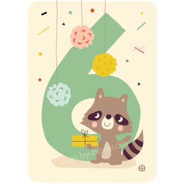 €2.49 Bora kaart met envelop 6 jaar Raccoon / Wasbeer verjaardagskaart wenskaart ansichtkaart postkaart