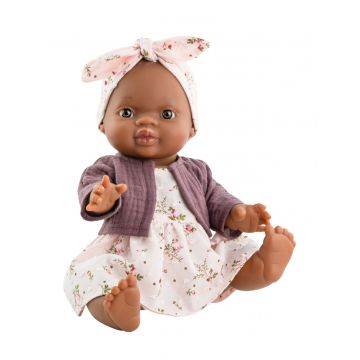 Paola Reina Gordi pop gekleed donker meisje Olga met bloemetjesjurk 34cm
